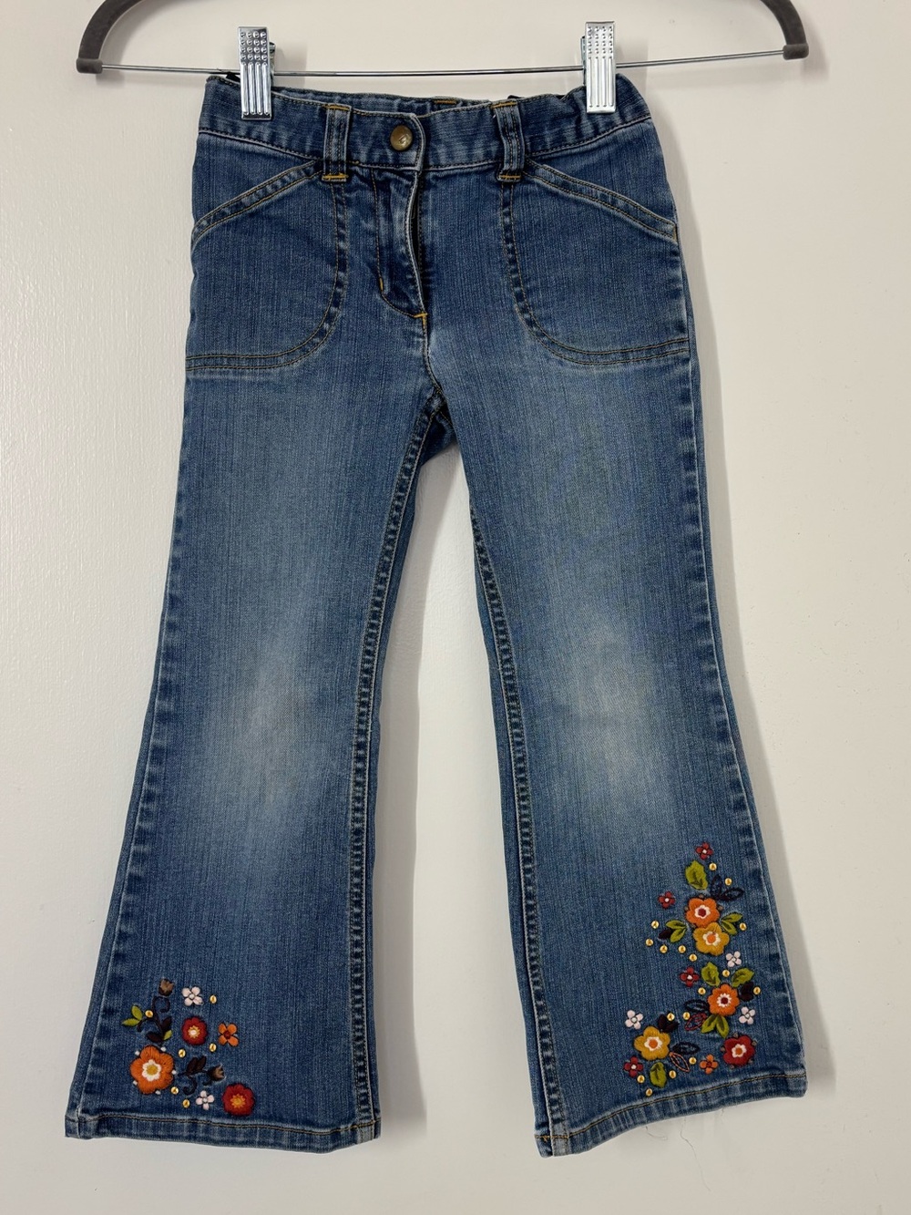 Vintage Gymboree Blue Flare Jeans Embroidered Floral Harvest Leaves Girl Size 5